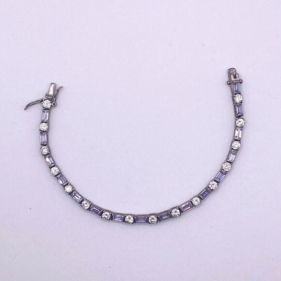 Vintage Sterling Silver Bracelet Round and Baguette Cubic Zirconia Crystals - Picture 2 of 7